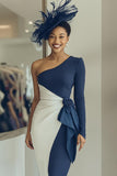 Navy One Shoulder Bodycon Midi Dress With Sash