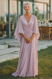 Dusty Rose A Line V Neck Ruched Mother of Bride Dress