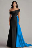 Black and White Off the Shoulder Long Evening Dress with Sash