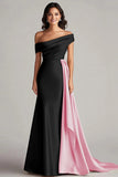 Black and White Off the Shoulder Long Evening Dress with Sash