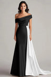 Black and White Off the Shoulder Long Evening Dress with Sash
