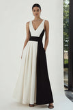 Black and White V-Neck A-Line Maxi Dress