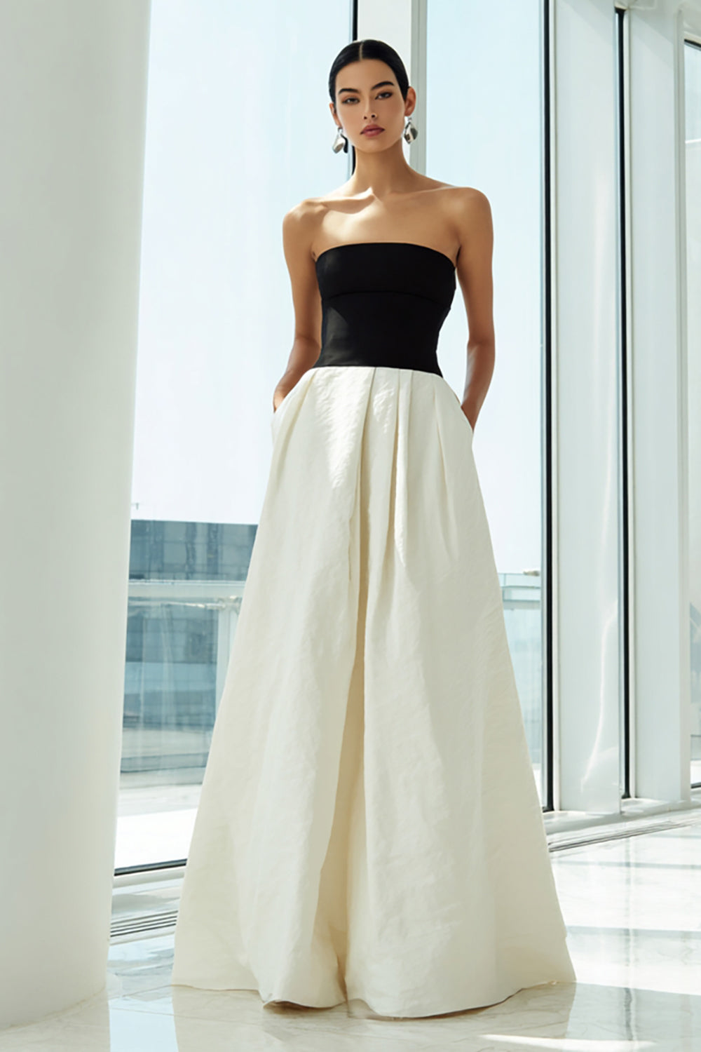 Wedtrend Women Black and White Formal Dress Strapless A-Line Maxi
