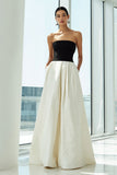 Strapless Black and White A-Line Maxi Dress
