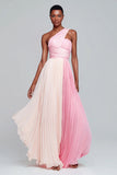 Pink Colour-Block One Shoulder Pleated A Line Long Formal Dress