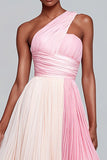 Pink Colour-Block One Shoulder Pleated A Line Long Formal Dress