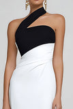One Shoulder Black and White Mermaid Formal Dress