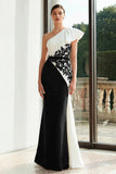 Black and White One Shoulder Sheath Appliqued Evening Dress