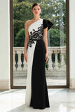 One Shoulder Black and White Sheath Evening Dress with Appliques