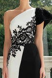 One Shoulder Black and White Sheath Evening Dress with Appliques