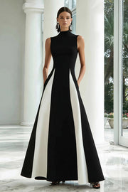 Black and White Colorblock A Line High Neck Maxi Dress with Pockets