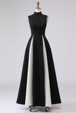 Black and White Colorblock A Line High Neck Maxi Dress with Pockets