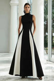 Black and White Colorblock A Line High Neck Maxi Dress with Pockets