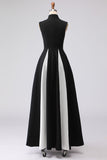Black and White Colorblock A Line High Neck Maxi Dress with Pockets