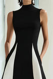 Black and White Colorblock A Line High Neck Maxi Dress with Pockets