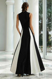Black and White Colorblock A Line High Neck Maxi Dress with Pockets