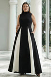 Black and White Colorblock A Line High Neck Plus Size Long Formal Dress with Pockets