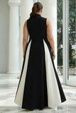 Black and White Colorblock A Line High Neck Plus Size Long Formal Dress with Pockets