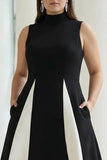 Black and White Colorblock A Line High Neck Plus Size Long Formal Dress with Pockets