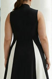 Black and White Colorblock A Line High Neck Plus Size Long Formal Dress with Pockets