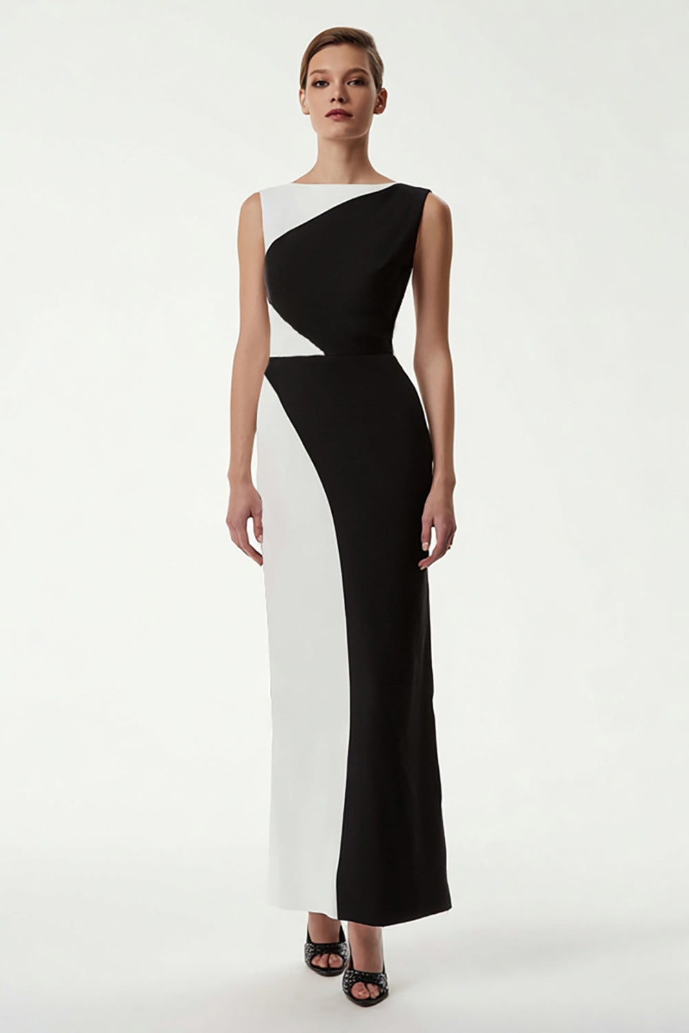 Wedtrend Women Sheath Black and White Dress Bateau Neck Maxi Evening