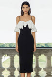 Black and White Sheath Spaghetti Straps Ruffled Midi Dress