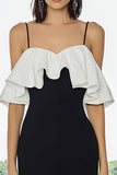 Black and White Sheath Spaghetti Straps Ruffled Midi Dress