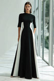 Black and White A-Line Long Evening Dress with Half Sleeves