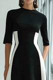 Black and White A-Line Long Evening Dress with Half Sleeves