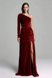 Burgundy One Shoulder Velvet Long Holiday Party Dress with Slit