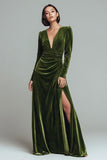 Velvet Olive Long Sleeve V-Neck Holiday Party Dress with Slit