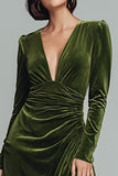 Velvet Olive Long Sleeve V-Neck Holiday Party Dress with Slit