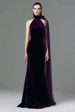 Velvet Halter Purple Holiday Long Party Dress with Sash