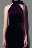 Velvet Halter Purple Holiday Long Party Dress with Sash