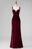 Burgundy Velvet Spaghetti Straps Holiday Party Dress with Pleats