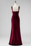 Burgundy Velvet Spaghetti Straps Holiday Party Dress with Pleats