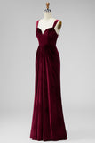 Burgundy Velvet Spaghetti Straps Holiday Party Dress with Pleats