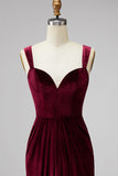 Burgundy Velvet Spaghetti Straps Holiday Party Dress with Pleats