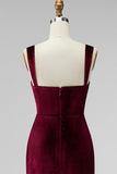 Burgundy Velvet Spaghetti Straps Holiday Party Dress with Pleats