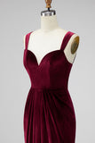 Burgundy Velvet Spaghetti Straps Holiday Party Dress with Pleats