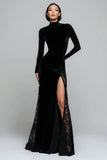 Black Long Sleeve Velvet Holiday Party Dress with Lace