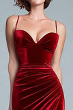 Burgundy Velvet Spaghetti Straps Mermaid Holiday Party Dress with Slit