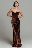 Sweetheart Velvet Ruched Brown Long Holiday Party Dress