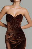 Sweetheart Velvet Ruched Brown Long Holiday Party Dress