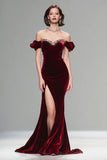 Burgundy Off the Shoulder Velvet Mermaid Holiday Party Dress with Slit
