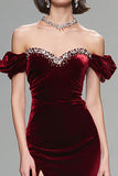 Burgundy Off the Shoulder Velvet Mermaid Holiday Party Dress with Slit