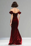 Burgundy Off the Shoulder Velvet Mermaid Holiday Party Dress with Slit