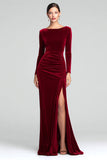 Burgundy Velvet Long Sleeve Holiday Party Dress with Slit