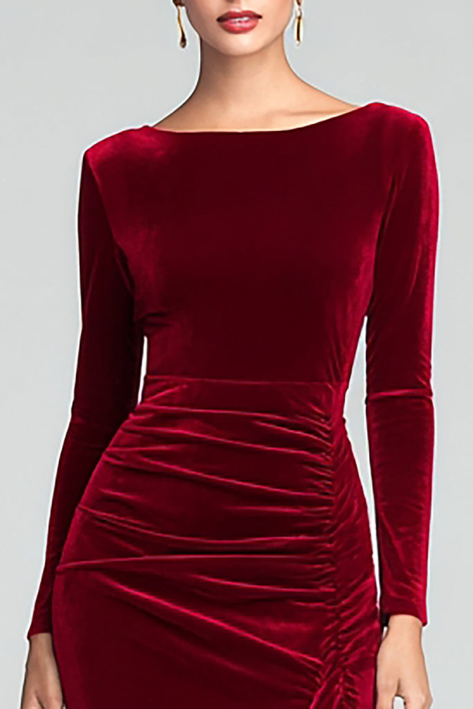 WEDTREND Women Long Sleeve Holiday Party Dress Velvet Burgundy Bateau