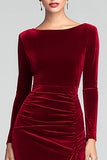 Burgundy Velvet Long Sleeve Holiday Party Dress with Slit